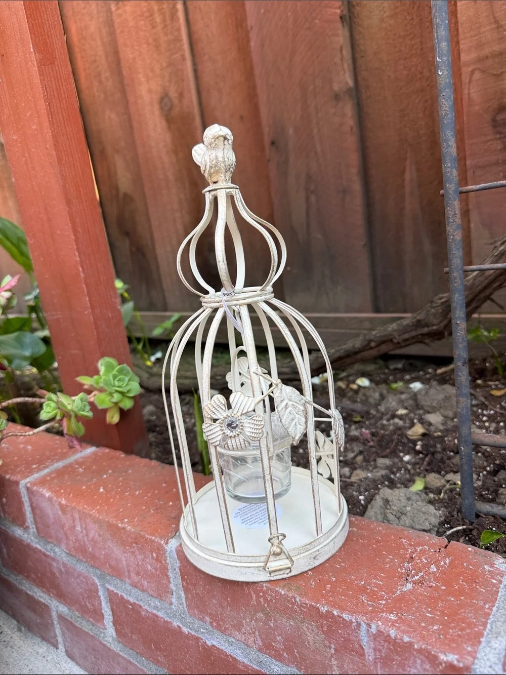 Pier 1 Cream Metal Birdcage Candle Holder with Floral Accents
